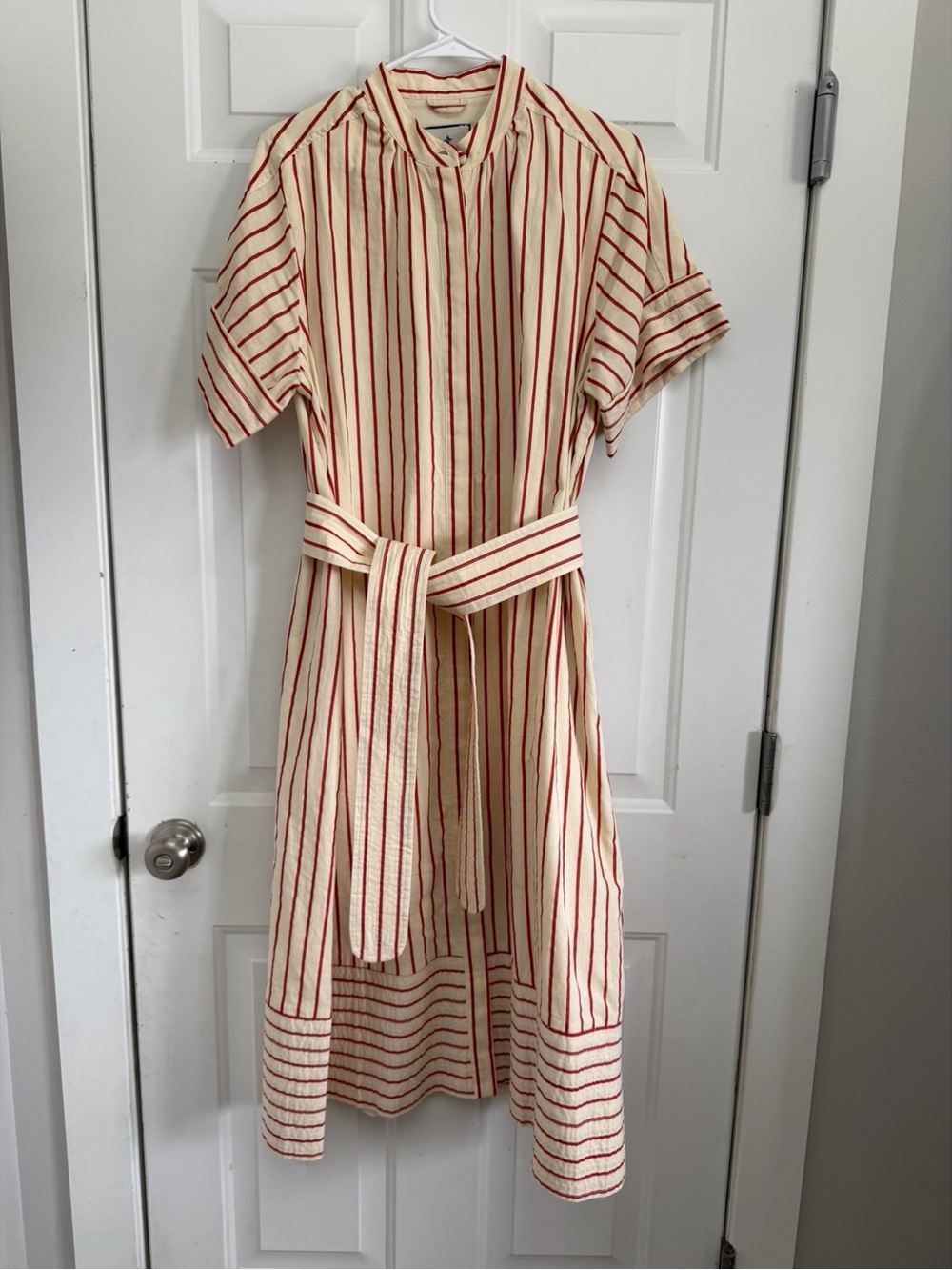 Tuckernuck Cream and Red Striped Belted Midi Shirt Dress - Picture 1 of 8
